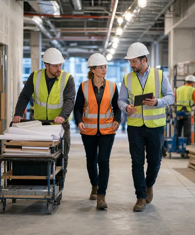 Field team moving through a busy project corridor.